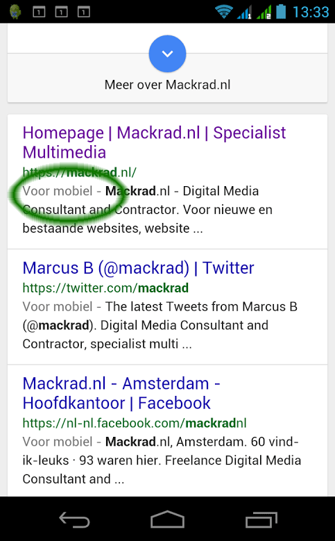 Screenshot Google zoekresultaten Mackrad.nl - Voor mobiel. Mobile-friendly.