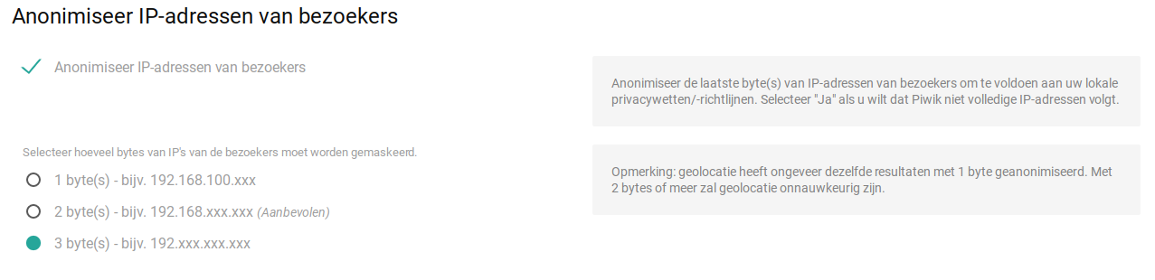 Screenshot privacy instellingen Piwik