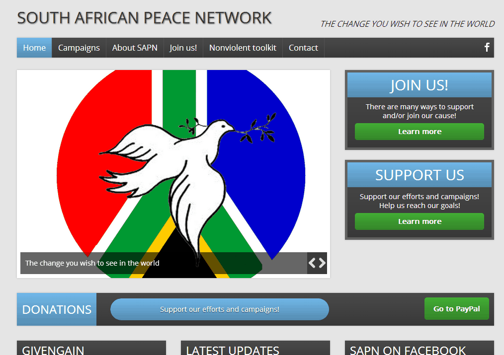 Website screenshot South African Peace Network.