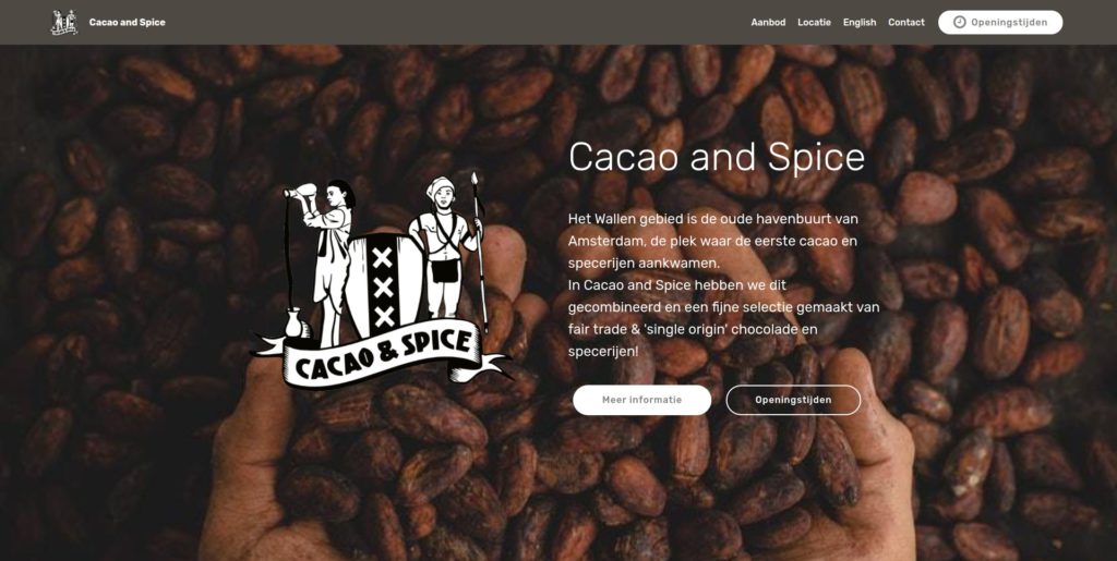 Screenshot website Cacao and Spice Amsterdam - start