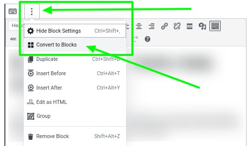 Screenshot handmatig artikelen omzetten naar Gutenberg blocks: WordPress artikelen omzetten naar Gutenberg blocks.