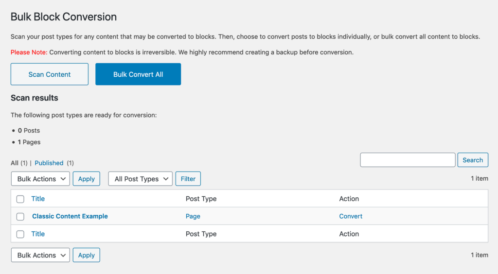 Screenshot Bulk Block Conversion: WordPress artikelen omzetten naar Gutenberg blocks.